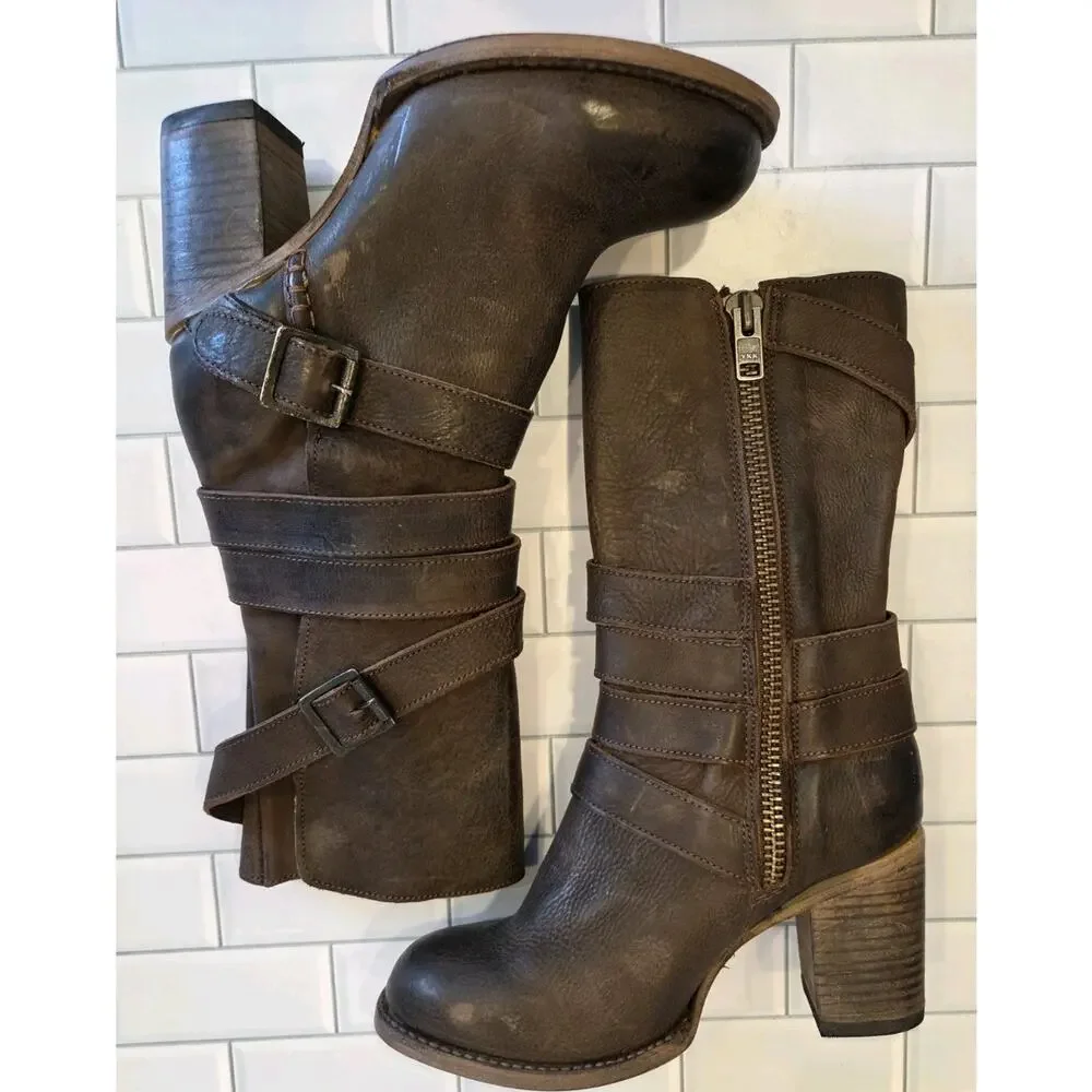 Freebird BARKER Mid-calf Brown Leather Boots, Buckle Details Side Zip, Boho | 9 - Picture 12 of 16
